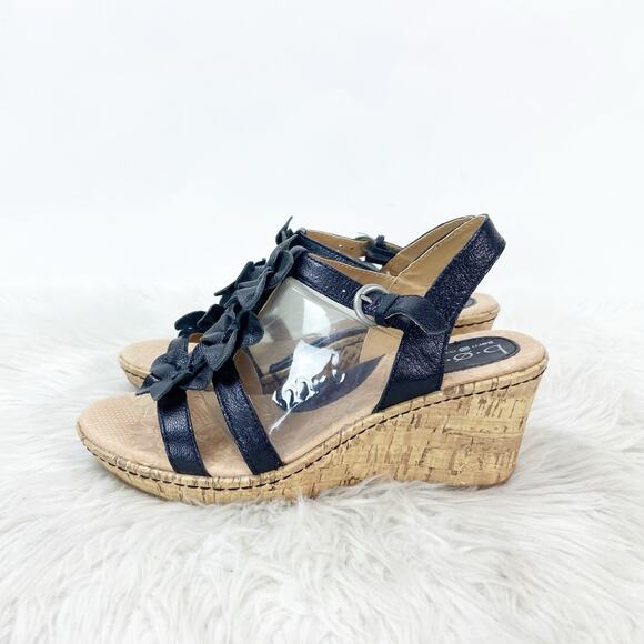 BOC Born Concepts 7 Women's Black Leather Floral Wedge Heel Ankle Strap Sandal - Picture 7 of 14